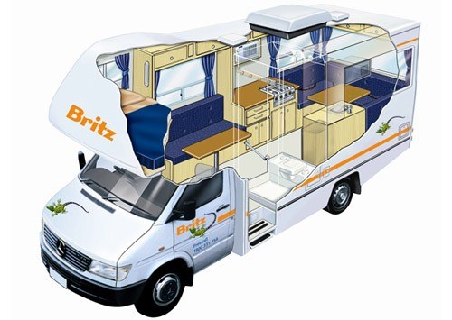 Interior Day and Night View of the Britz Frontier 6 Berth Motorhome rental
