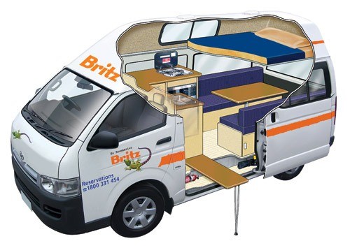 Day and Night interior View of Britz 3 Berth HiTop Campervan rental