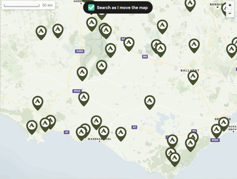 Hipcamp map of campsites Victoria Geelong GOR