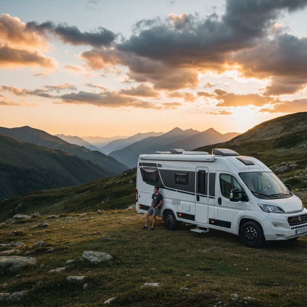 Campervan parked in the mountains at sunset